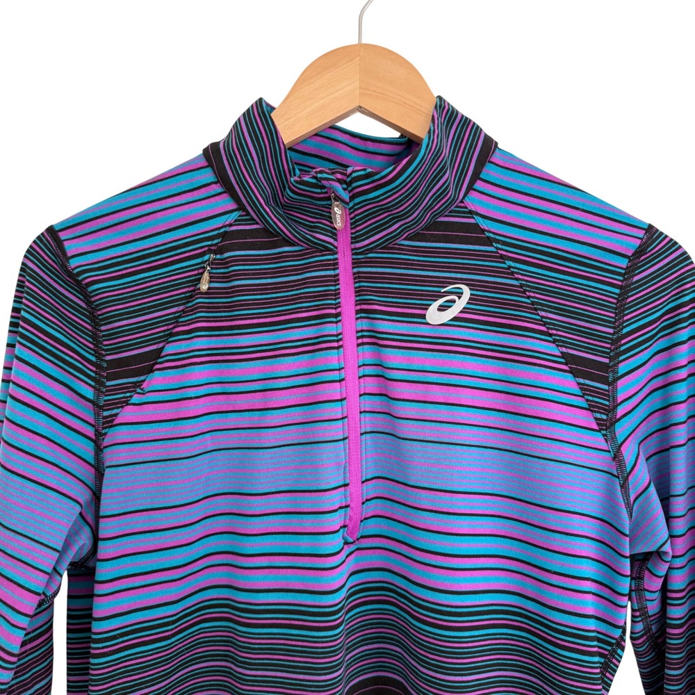 ASICS Women's Striped Quarter Zip‎ Long Sleeve Running Purple Blue Black Size L - Picture 2 of 11